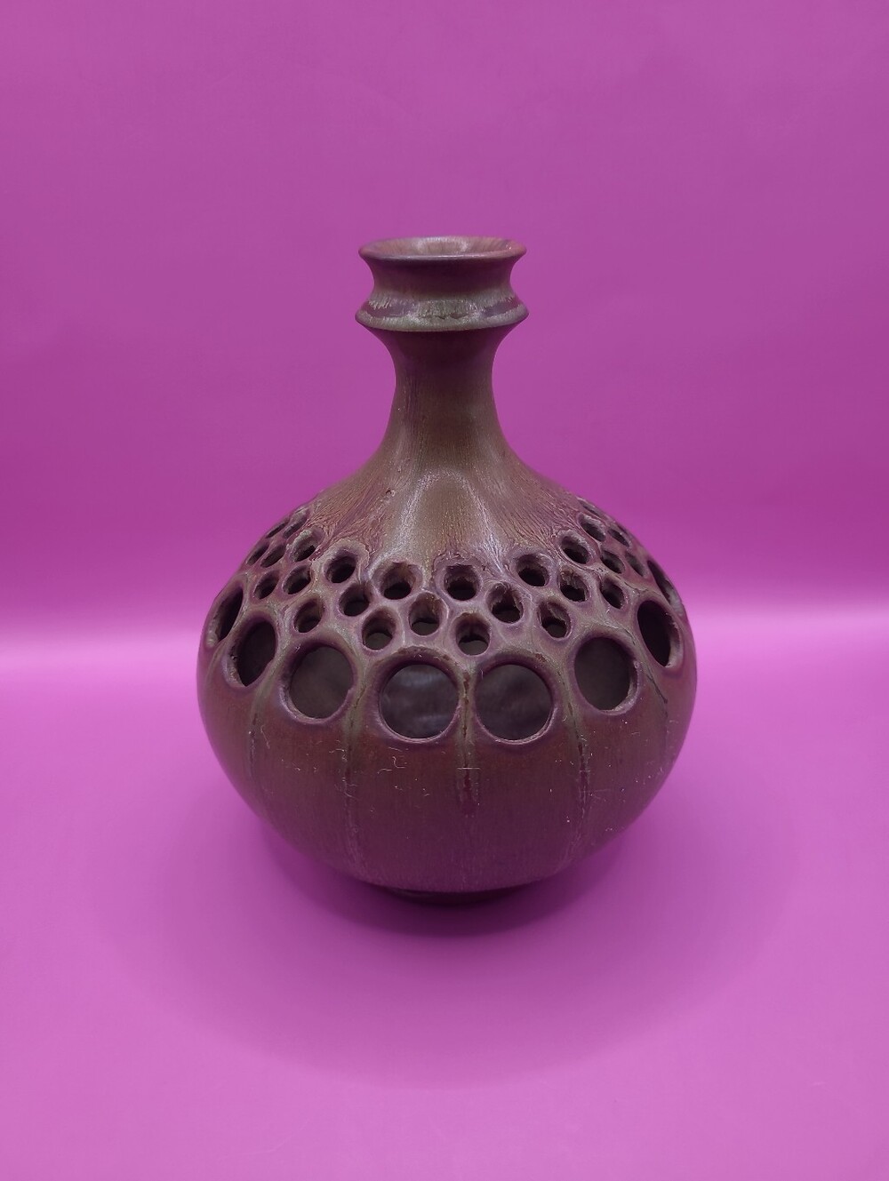 MCM Brutalist Pierced Ceramic Vase Holepot Luminaria Studio Pottery Signed Rare